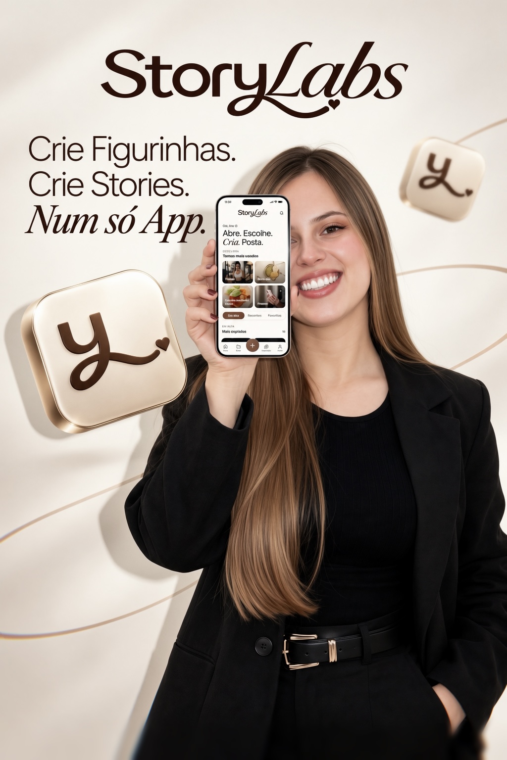 Criadora mostrando o Story Labs aberto no celular