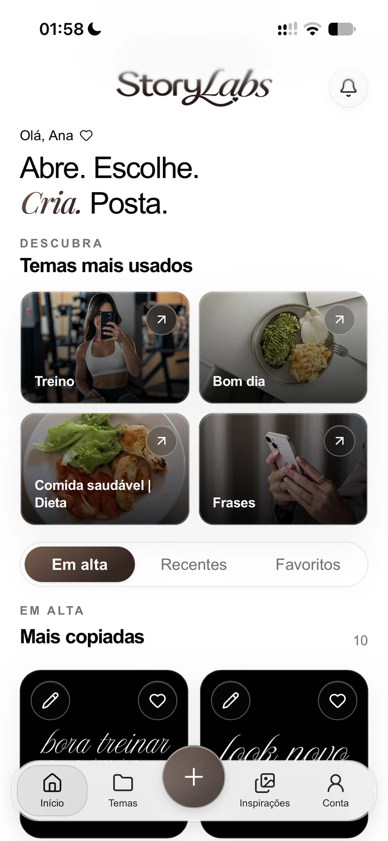 Tela Início do app Story Labs
