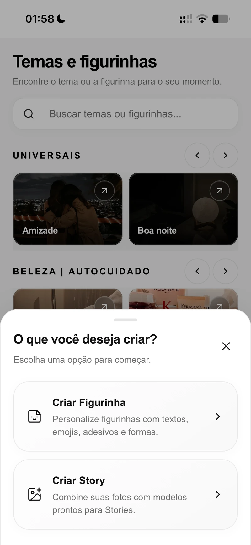 Tela Criar do app Story Labs