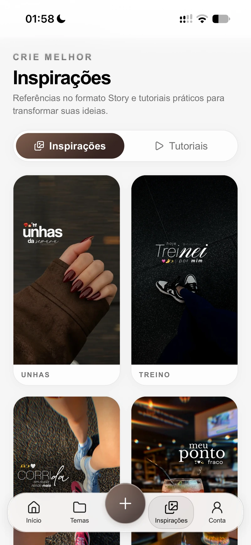 Tela Inspirações do app Story Labs