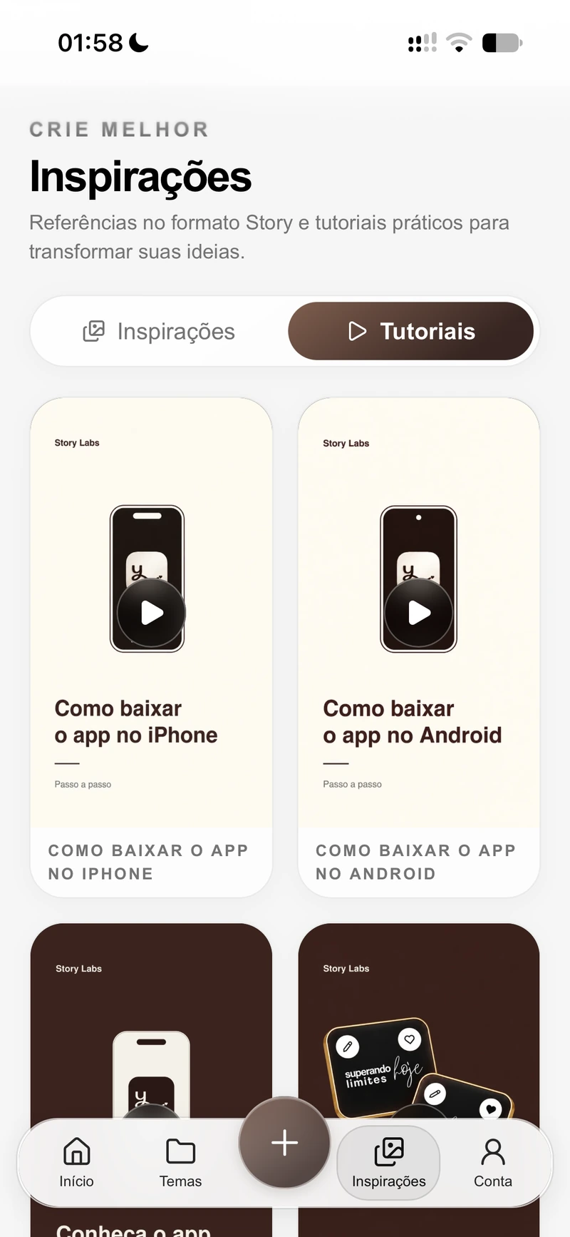 Tela Tutoriais do app Story Labs