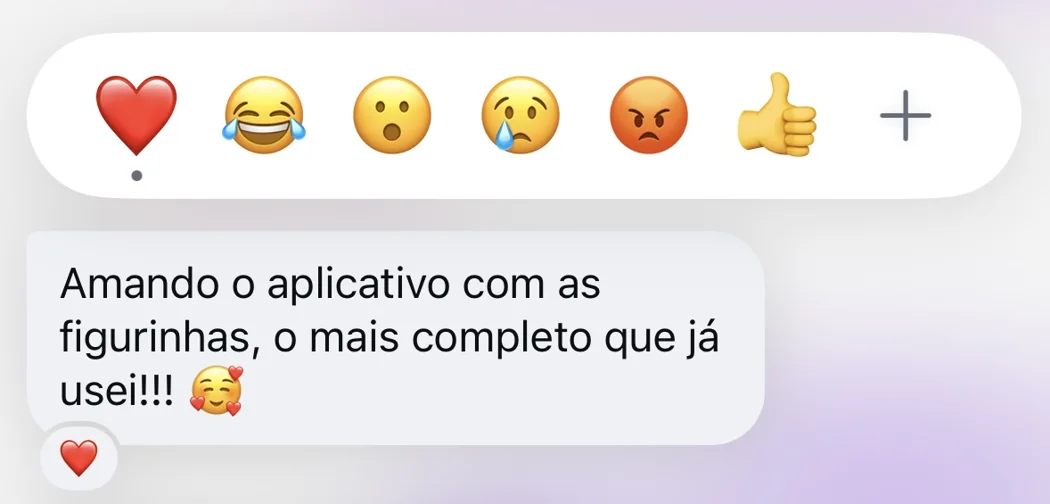 Mensagem elogiando o aplicativo e suas figurinhas.